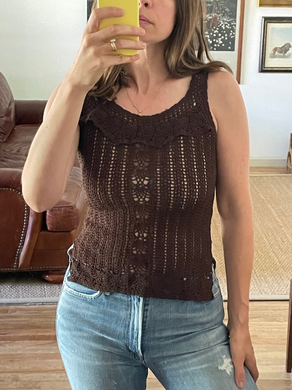 Brown Crochet Ruffle Trim Tank Size Small